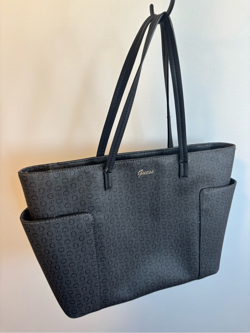 Guess Black Signature G Logo Monogram Tote Bag Shoulder Work Tote Faux Leather